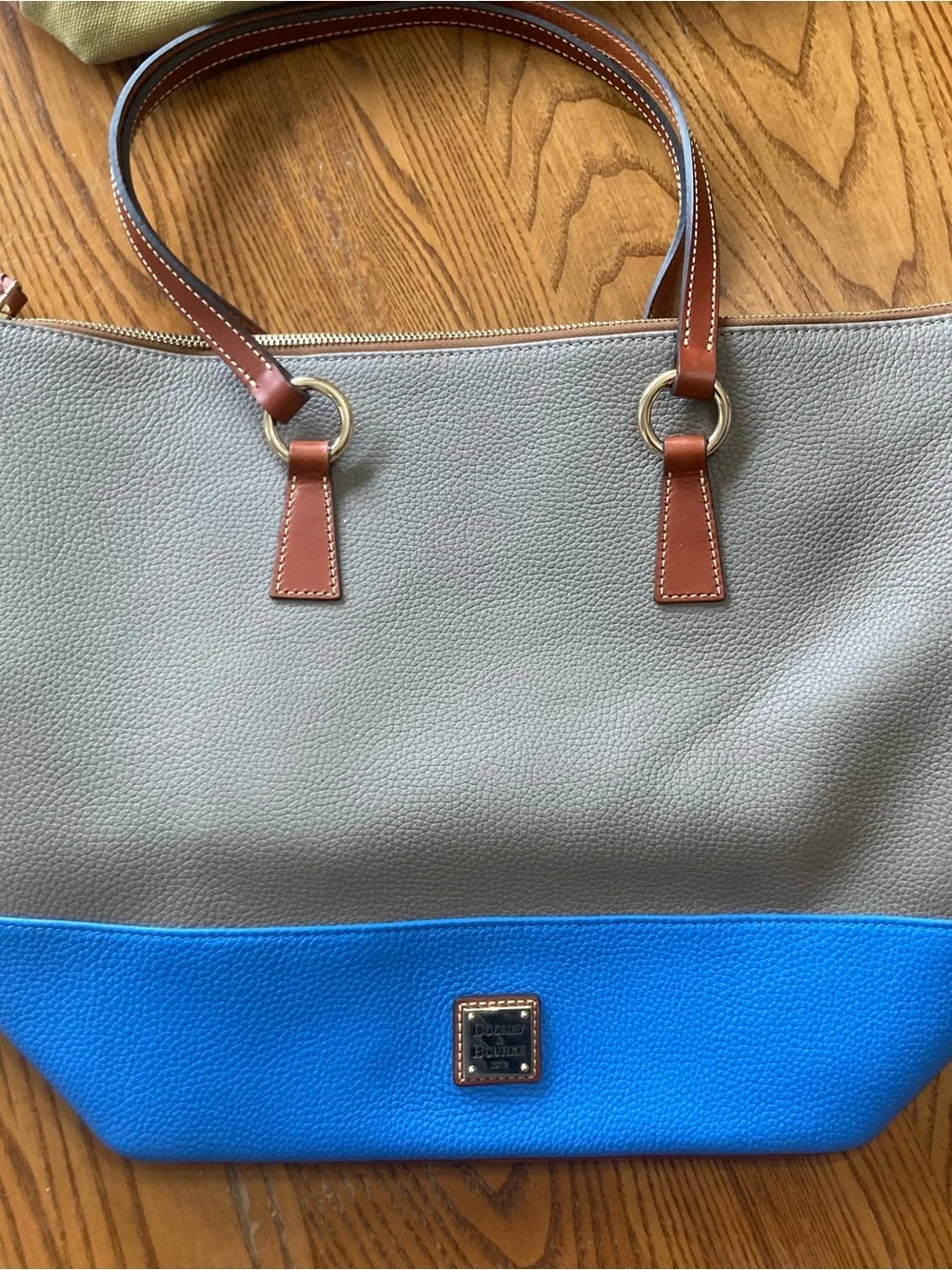 Dooney & Bourke Gray and Bright Blue Pebble Leather Tote with Brown Handles - Picture 2 of 10